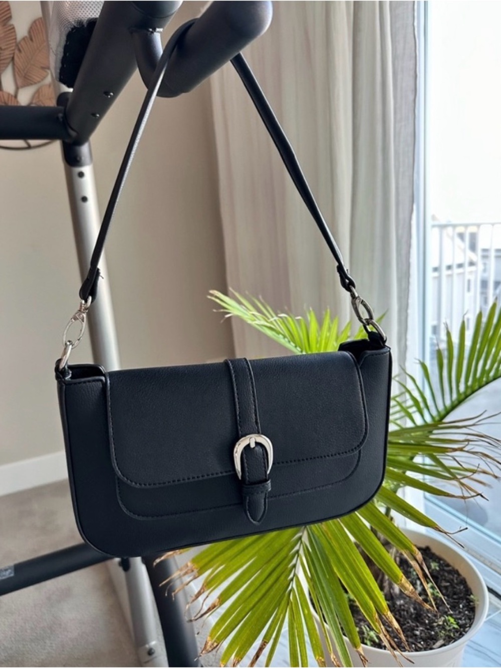 Madden Girl Classic Black Shoulder Bag with Silver Buckle